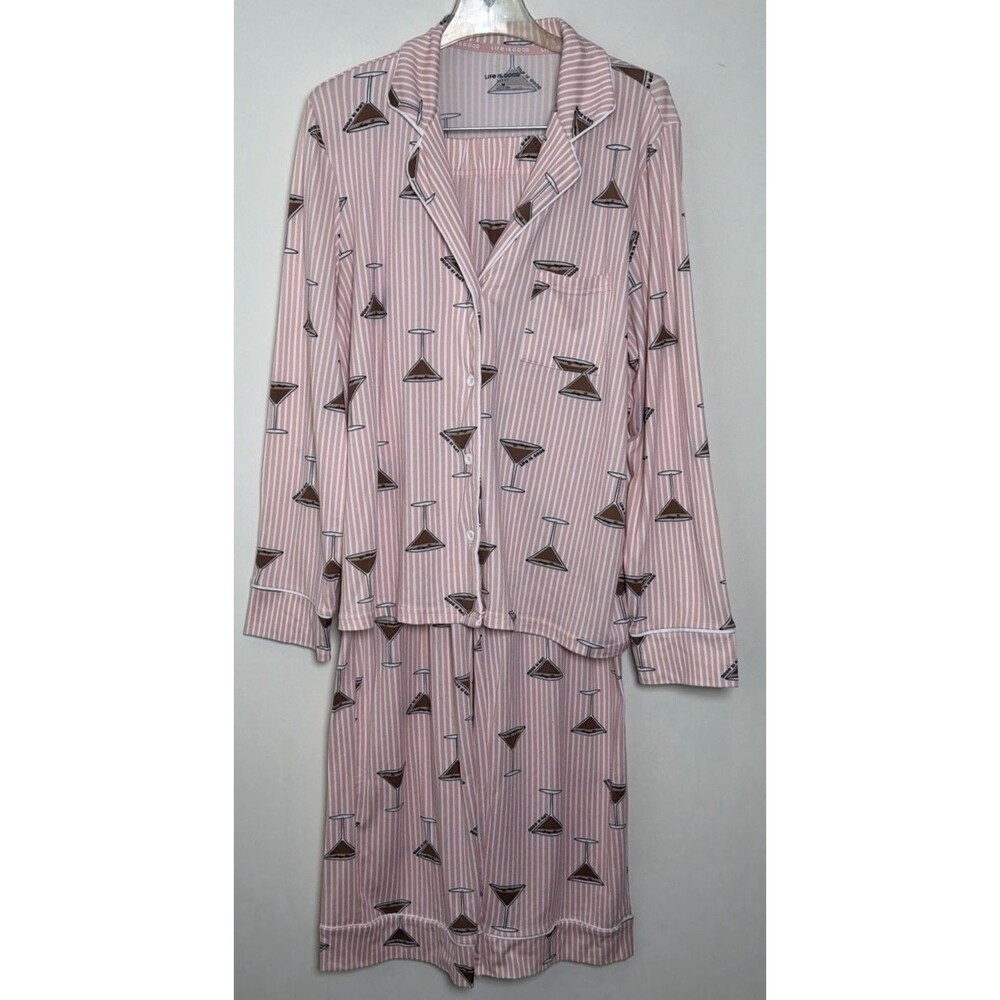 Life Is Good Womens M Pajama Set Pink Stripe Espresso Martini Cocktail Lounge